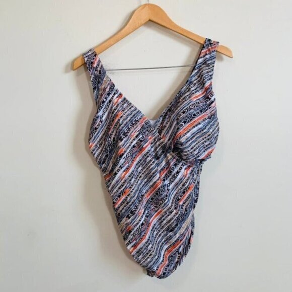 Betty's Beach Bungalow Striped One Piece Swimsuit V Neck Ruched Tummy Control 16 - Picture 2 of 9